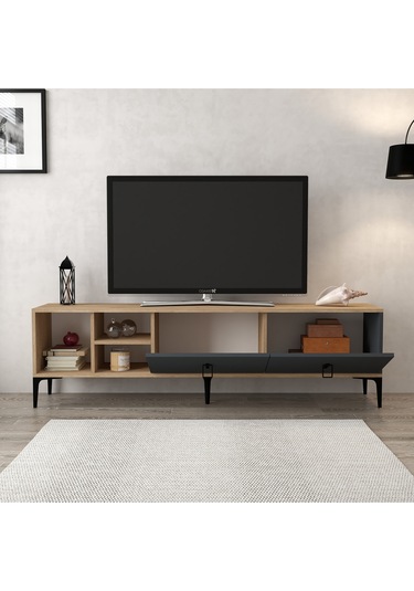 3805 Era Tv Ünitesi 180 Cm 2 Kapaklı Raflı Sepet - Antrasit Tv Sehpası Antrasit - Sepet Çok Renkli