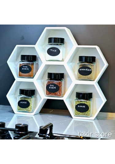 6'lı Baharatlık Takımı Ahşap Beyaz Standlı Petek Model Çift Yönlü Beyaz