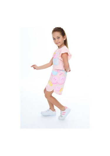 Toontoy Kız Çocuk Baskılı Etekli Takım Pudra