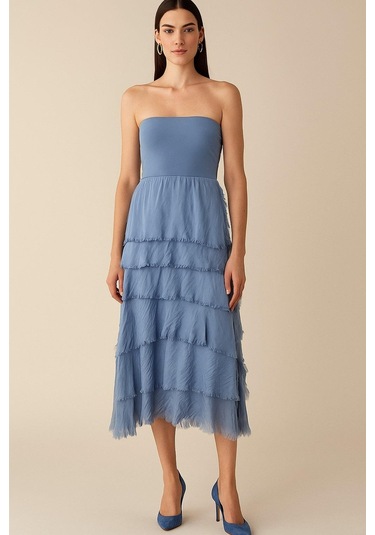 İtalyan 2 Beden Ince Gösteren Kat Kat Ipek Etek & Straplez Elbise İndigo Mavisi