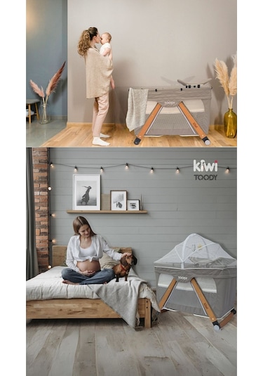 Kiwi Toody All İn One Katlanır Tekerlekli Sallanır Sabitlenir Anne Yanı Park Yatak Beşik - Latte