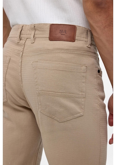 Süvari Bej Slim Fit 5 Cep Kalıp Armürlü Kanvas Pantolon-35413 Bej