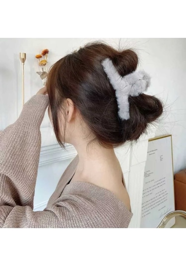 Peluş Yumuşak Tüylü Mandal Toka Gri
