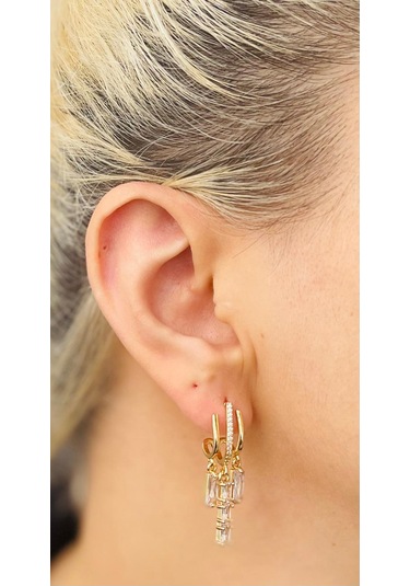 3 Lü Model Zirkon Taşlı Çelik Küpe Altın