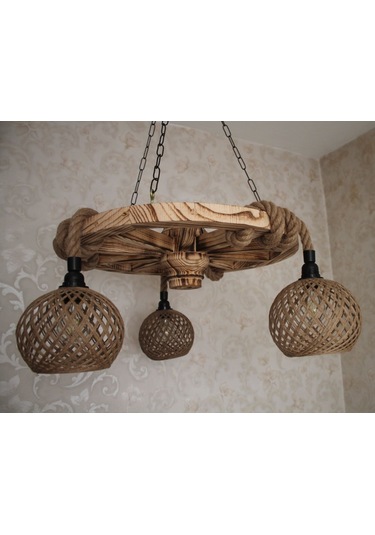 Otantik Çarşı Ahşap Teker Avize 60 Cm. 3 Duylu Hasır Şapkalı Siyah