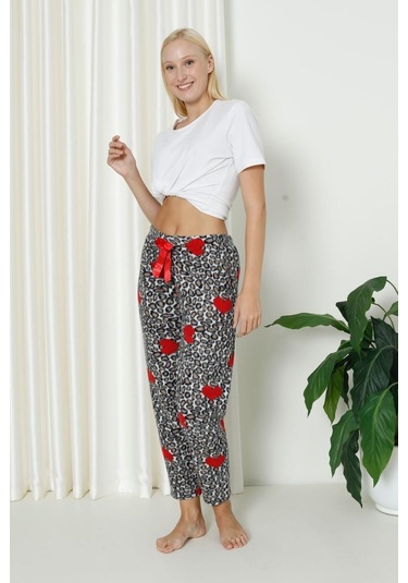 Luxury Soft Welsoft Polar Desenli Kurdeleli Kışlık Pijama Altı Pantolon Leopar Çok Renkli