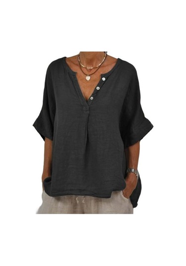Pamuk Keten Kadın Gömlek V Yaka Düğmeli Yarım Patlet Yarım Kol Nefes Alabilir Bol Siyah