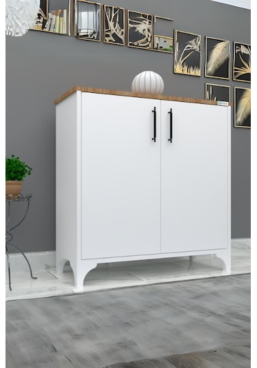 %100 Mdf 2 Kapaklı Küp Üstü Desenli Ayakkabılık Beyaz