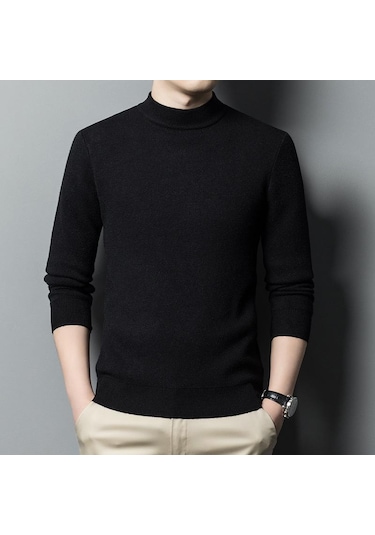 Erkek Sonbahar Yarım Yakalı Örme Kazak Örme Kazaklar Atletler Kışlık Giysiler Üstler Bluz Erkek Siyah