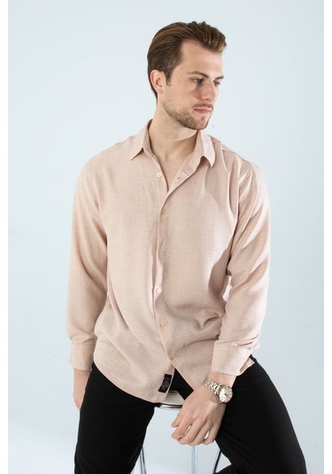 Rahat Kesim Keten Dokulu Gömlek Vizon