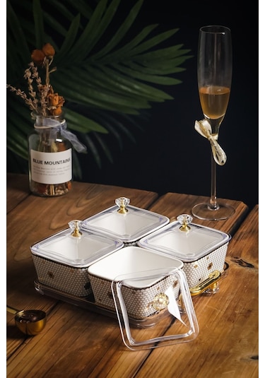 4'lü Emillia Porselen Lüks Kare Kahvaltılık Saklama Kabı Çerez Reçel Kahvaltılık 4'lü Sunum Tabağı Beyaz