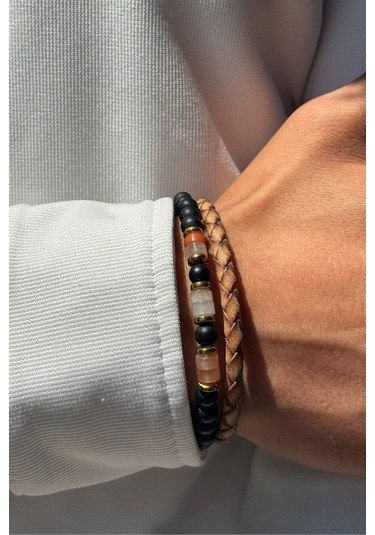 Taşlı Yılan Derisi Desenli El İşçiliği İle Üretilmiş Hakiki Deri Erkek Bileklik Kahverengi