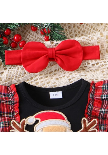 Noel Yenidoğan Bebek Bebek Kız Giysileri Setleri Örgü Romper Ekose Geyik Etekler Kafa Bandı Noel Kostümleri Kıyafetler Kırmızı