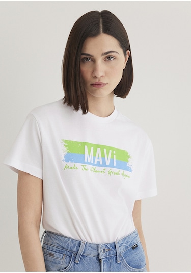 Mavi - Doğa Dostu Make The Planet Great Again Baskılı Tişört 16 Beyaz