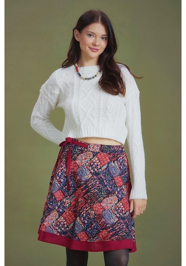 Kırmızı Desenli Anvelop Kısa Etek Kırmızı