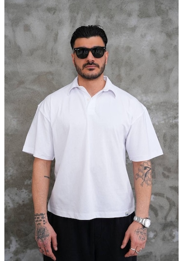 Erkek Polo Yaka Oversize T-shirt Beyaz