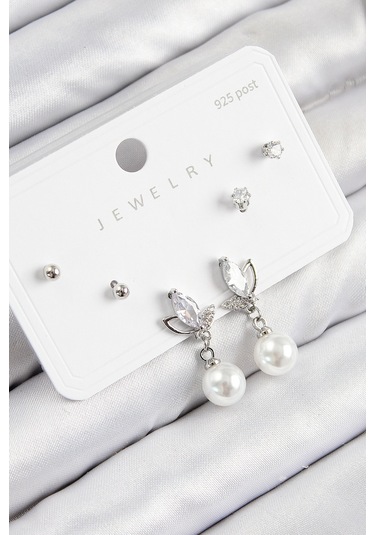 Pirinç Zirkon Taşlı İnci Sallantılı Damla Model Gümüş Renk 925 Ayar Gümüş Çivi Kadın Küpe Set Çok Renkli