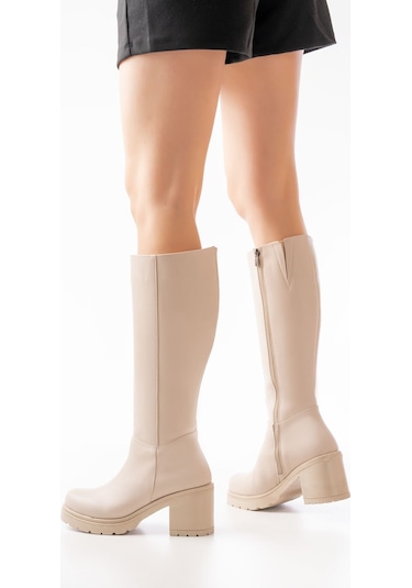 767-3013 Bej Fermuarlı Günlük Kadın Çizme Bej