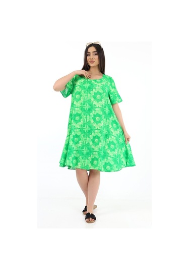 Schık Kadın Viskon Yarım Kol Kare Yaka Elbise Yeşil Yeşil