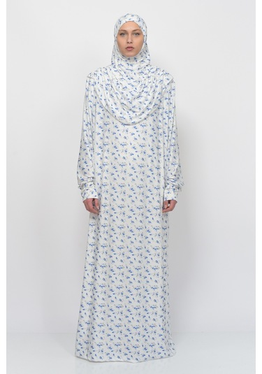 Pratik Tek Parça Çiçek Desenli Kollu Tak Çıkar Başörtülü Likralı Tesettür Namaz Elbisesi 990-0201 Mavi Antrasit
