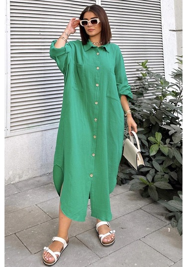 Kadın Yeşil Muslin Kumaş, Yarasa Kol, Eteği Oval, Çift Cepli, Uzun Oversize Salaş Gömlek Elbise Yeşil