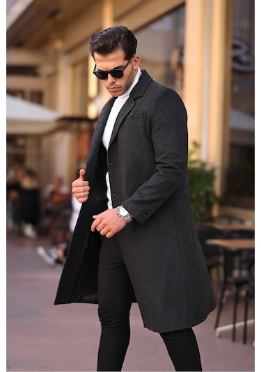 Erkek Antrasit Dar Kesim Uzun Yün Karışımlı Kaşe Kaban Antrasit