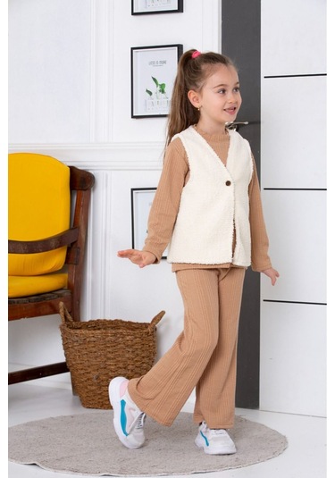 Bayramlık 3 Parça Yelekli Alt Üst Takım Bej