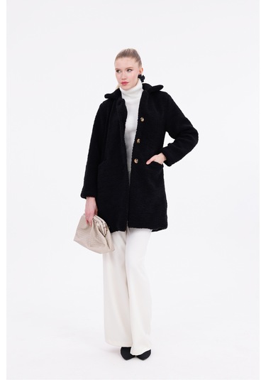 Düğmeli Cepli Kadın Peluş Kaban Siyah