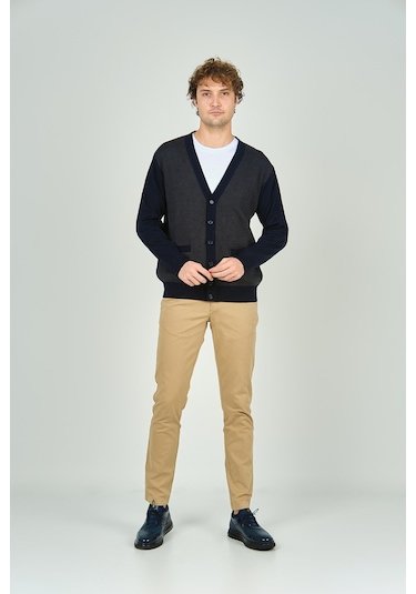 Ateş Triko Erkek Cep Detaylı V Yaka Yün Hırka 4490 Lacivert Lacivert