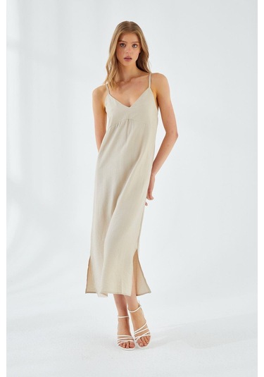 4252 Kadın İp Askılı V Yaka Elbise Taş Taş