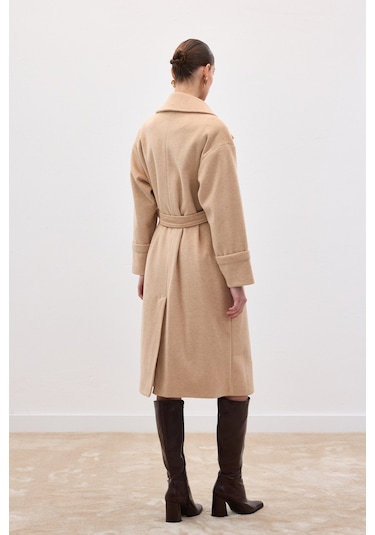 Sateen Beli Bağlamalı Uzun Kaban - Bej-136630 Bej