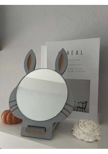 Masaüstü Gri Renk Hediyelik Dekoratif Makyaj Aynasi,Tavşan Kulakl Beyaz