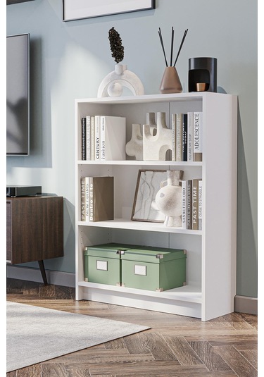 Bili Kitaplık 3 Raflı Geniş Çok Amaçlı Ofis Salon Kitap Dosya Rafı Beyaz Beyaz