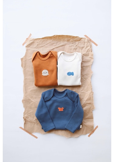 3lü Nakışlı Çıt Çıtlı Uzun Kollu Body Zıbın Set Model 4 Tarçın