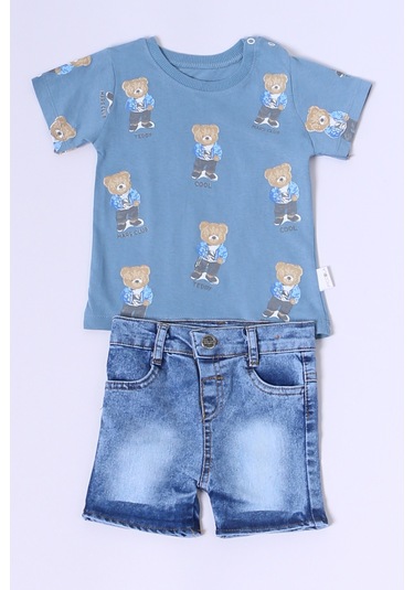 Erkek Bebek Şortlu Takım Kot Şortlu Çıtçıt Detaylı Baskılı B26 mavi