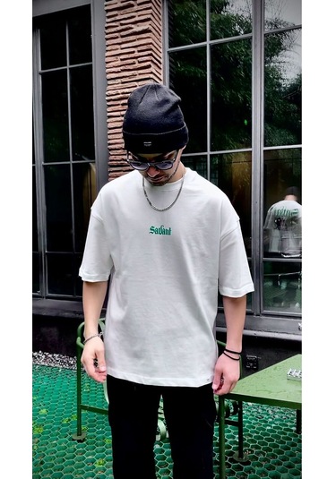 Oversize Baskılı Bisiklet Yaka T-shirt Beyaz