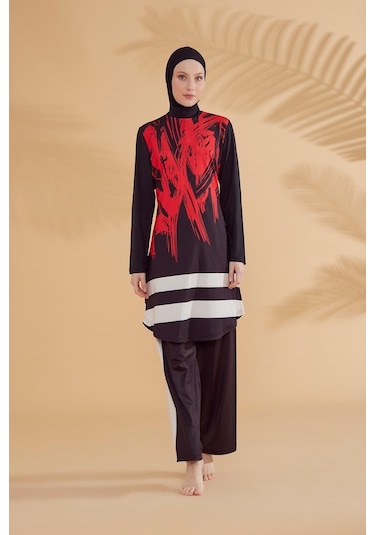Marina M2303 Desenli Tam Kapalı Tesettür Mayo-siyah Siyah