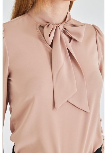 Büzgü Kol Fularlı Gömlek Vizon Vizon