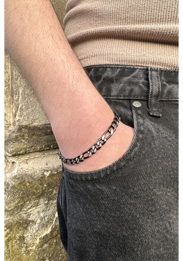 Takı Dükkanı Premium Kalite Siyah Beyaz Çift Renkli Figaro Erkek Çelik Bileklik Scb49