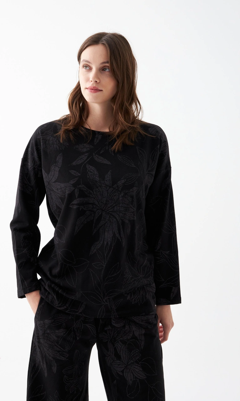 Akbeniz Kadın Oversize Siyah Çiçek Desenli Pamuklu Kalın Pijama Takımı Siyah