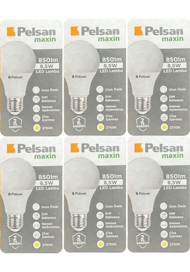 6 Adet Pelsan 8,5w 2700k Sarı Işık E27 Duylu Kalın Duy Led Ampul