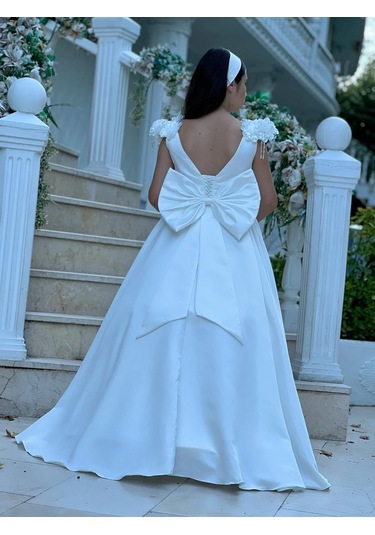 Prenses Çiçek Detaylı Tarlatanlı Beyaz Abiye Elbise Beyaz