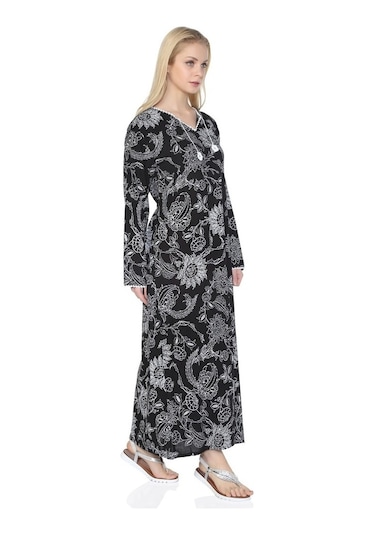 Uzun Kol Şile Bezi Baskılı Uzun Elbise Çınar Desen Siyah