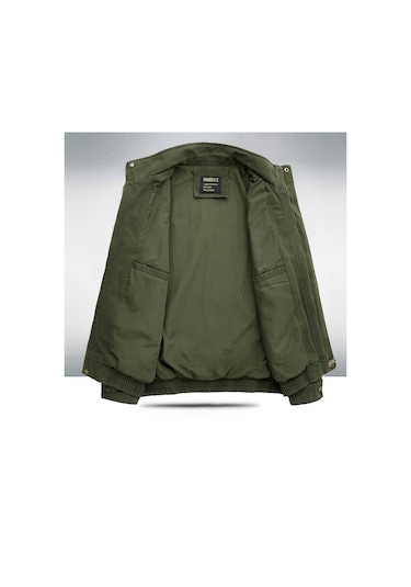 Pamuklu, Çok Cepli Dik Yaka Ceket Haki