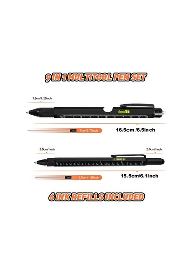 Doldurucular Erkekler İçin Hediyeler 9'u 1 Arada Çok Amaçlı Kalem Seti Siyah Siyah