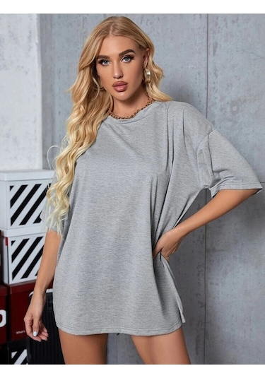 Hırsch Unisex Oversize Düz Gri T-shirt Gri