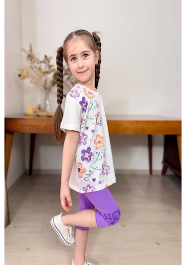 Yeni Sezon Çiçek Desenli Lila Renk Kapri Taytlı Kız Çocuk Takım Lila