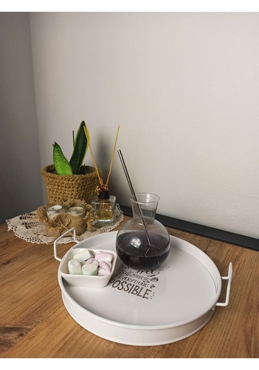 Reoona Metal Sunum Tepsi.çay Kahve Pasta Tatlı Servis 27 Cm Beyaz Metal