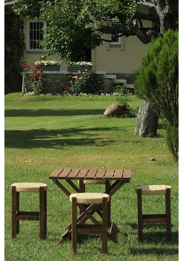 Ceviz Rengi Ahşap Hasır Örgülü Büyük Boy Tabure 2 Adet