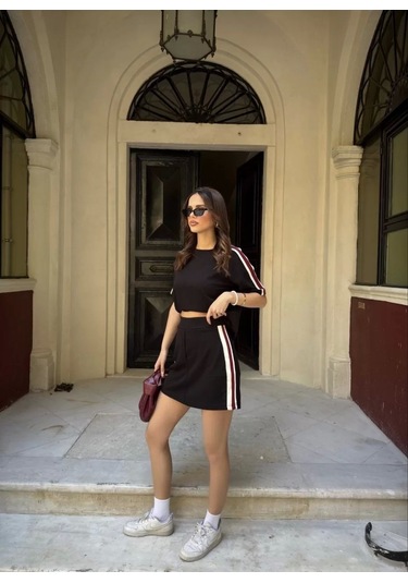 Osy Modal Yumuşak Dokulu Kumaş Kadın Parçalı Bisiklet Yaka T-shirt Mini Şortlu Etek İkili Takım - Si Siyah